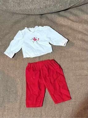 American Girl Long Sleeve Top with Red Floral Embroidery w/Red Corduroy Pants